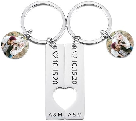 OTXIXTO Porte-clés Personnalisé pour Couple Fixer avec Image/Texte Gravé Porte-clés pour Couple Assorti Cadeaux pour Petit Ami Petite Amie - Style A: Argent