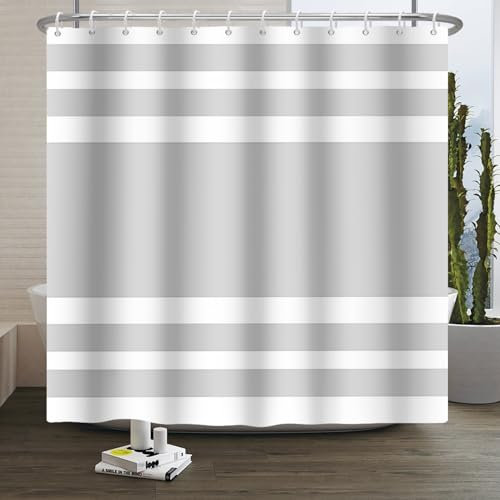 Xiaoterna Streifen Duschvorhang Grau-weiß gestreifter Duschvorhang Symmetrische gerade Linien Einfach einfarbig Schimmelresistenter Badvorhang Maschinenwaschbar Wasserdichter Stoff 180x200cm