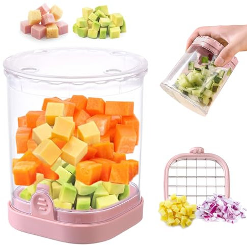 CEHNCEH Fruit Chopper Cup - Pink Fruit & Vegetable Speed Chopper with Push Plate - Detachable Stainless Steel Blade - Multipurpose Food Slicer