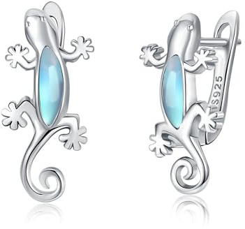 URONE Eidechse Ohrringe Sterling Silber Gecko Creolen Mondstein Ohrringe Eidechse Valentinstag Geschenke Schmuck für Frauen