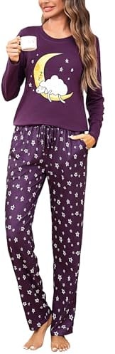 Aseniza Pigiama Donna Invernale Cotone Lungo Manica Lunga Pigiama da Donna con Tasca Due Pezzi Pigiami S-XXL