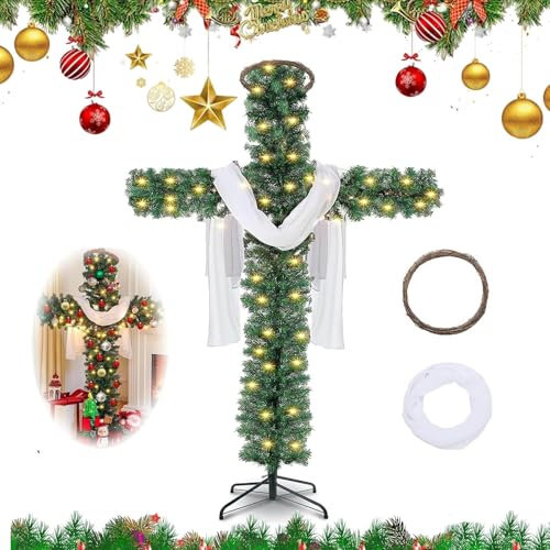 Changtai Kreuz Weihnachtsbaum Faltbar 150 cm, Foldable Cross Christmas Tree, Künstlich Weihnachtsbaum mit Beleuchtung Seidenschal Holz-Rattan-Ring, Faltbar Hohe Qualität Tannenbaum Weihnachten Deko