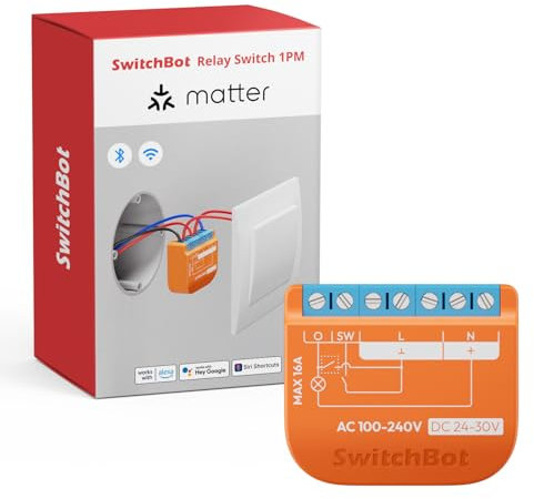 SwitchBot Matter Relais Schalter 1PM, Wlan Schalter kompatibel mit Alexa/Apple Home/Google Home, Leistungsmessendes Relaisschaltmodul mit integriertem Bluetooth Repeater, Bluetooth & Wi-Fi 2,4 GHz,16A
