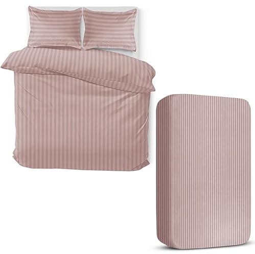 MOONLIGHT20015 4 Piece Double Bedding Set Satin Stripes Duvet Cover Fitted Sheet with Pillow cases Hotel Quality Soft Brushed Microfiber Peach