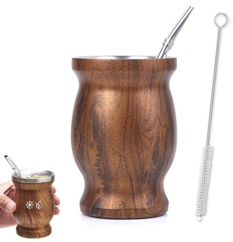 Mate Becher, Mate Tee Becher Set mit Strohhalm und Reinigungsbürste, Edelstahl MateTee Set, 230 ml / 8 OZ doppelwandigen, Doppelwandiger Edelstahl Matebecher, für Küche, Restaurant, Café, Holzfarbe