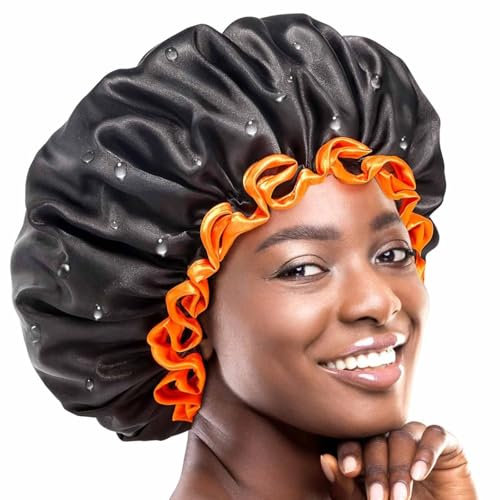 Black Large Shower Cap for Women Long Hair, Reusable Waterproof Shower Hats for Men, Double Layer Washable Bath Cap for Thick Curly Hair