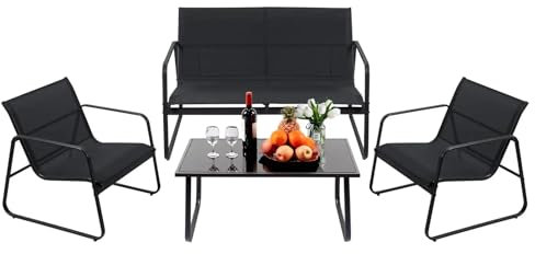 BRONX, 4 Piece Indoor/Outdoor Furniture Set, Patio Bistro Set with 2 Chairs, 1 Loveseat & 1 Coffee Table (Black)