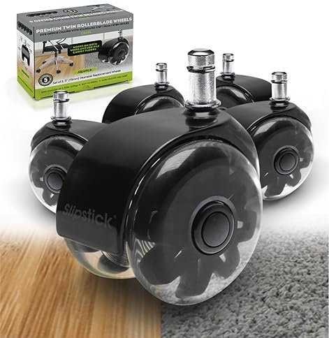 Slipstick Monster 3” Dual Rollerblade Office Chair Wheels (Set of 5) Premium Rubber Caster Wheels for Chairs, Smooth & Safe Rolling on All Flooring