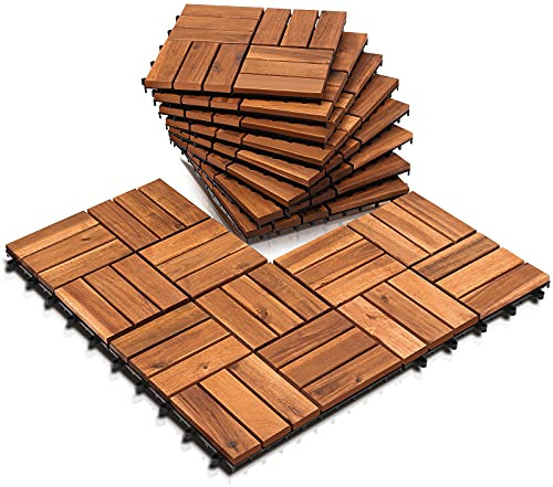 ISOISL Holzfliesen Balkon 30x30cm, Akazienholz Terrassenfliesen 55Stück 5㎡,Balkon Bodenbelag (12 Latten),Terassenboden Außen,Klickfliesen Terrasse Mosaik für Garten Patio