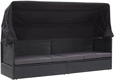 Myheimly Outdoor Sofabett mit Sonnendach Sonnenliege Sofa Bett Liege Gartenliege Gartenbett Gartenmöbel Gartensofa Lounge Poly Rattan,Schwarz