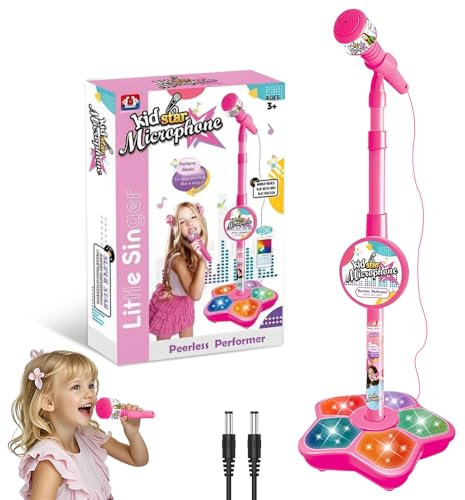 XPJBKC Kids Microphone and Stand, Adjustable Kids Karaoke Machines with Flashing Stage Lights, Stand Up Kids Microphone Stand for Girls Boys 8-12 Birthday Gift (Pink)