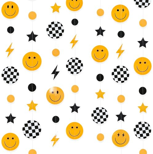 Girlande, 12,4 m, schwarz-gelbes Smiley-Gesicht, Blitz-Stern, kariert, Kreise, Punkte, Girlande, 1. Geburtstag, Party-Dekoration, Smiley-Gesicht, Luftschlangen, Hintergrund für den ersten Geburtstag