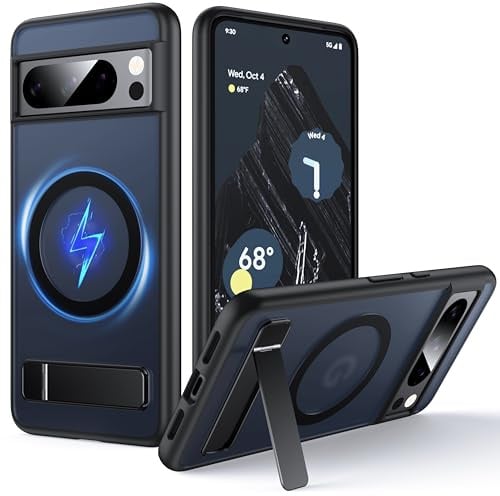 FNDMIL for Google Pixel 8 Pro Case with MagSafe Black | [Adjustable Kickstand][Charge While Standing][Military Shockproof] Translucent Matte Soft Silicone Phone Case,Black