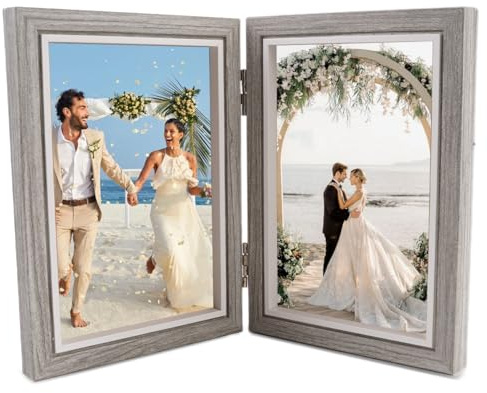 TESSTSY Klappbarer Bilderrahmen Doppelt 10 x 15 cm | Klappbarer Bilderrahmen 2 Fotos Aus Holz, Doppelt Collage Fotorahmen 6 Zoll für Haus, Schlafzimmer, Tischdisplay (Grau)