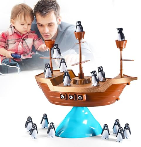 Stapelspielzeug - Piratenschiff Penguin Balance Game Für Kinder | Nettes Figur Lehrreiches Brettspiel Mit Farbenfrohen Blöcken, Unterhaltsamem Spielzeug Für Fähigkeiten Für Koordination, Fokus Und Fam