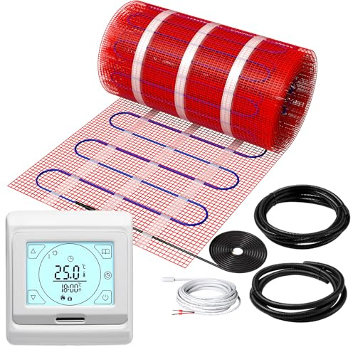 KEZERS Elektrische Fußbodenheizung 150W/m², selbstklebend für Fliesen Laminat und mehr, Touch-Digital-Thermostat mit Wochenprogramm für Badezimmer | Flur | Schlafzimmer | Wohnzimmer,18.0x0.5m -9.0qm