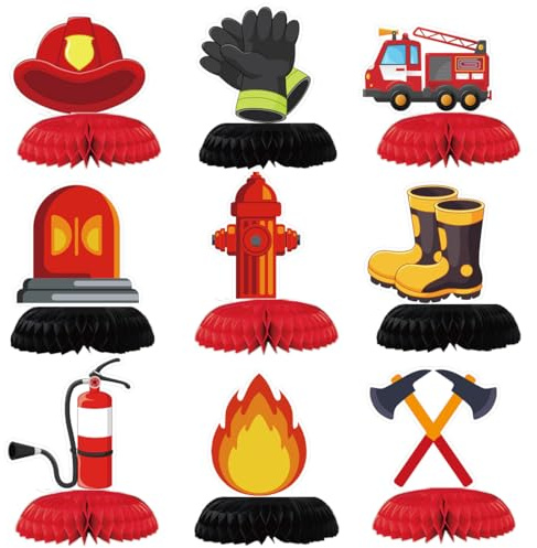 OIXEYA Feuerwehr Kindergeburtstag Deko, 9pcs Tischdeko Feuerwehrauto Bienenwabe Mittelstücke Dekoration Kinder für Geburtstagsparty Partyzubehör