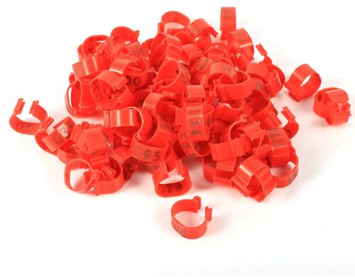 Restokki 100pcs 6 Color nummerierte Geflügelbeinbänder Ringe, Clips Design für Hühner Enten Gans (Red)