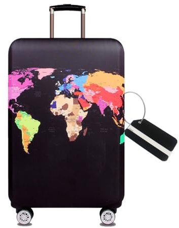 MosaiRudo Housse de valisse et Étiquette Bagage Élastique Bagages Couverture Valise Couverture Protecteur Housse de Bagage pour 18-32 Pouce Valise (Map, S)
