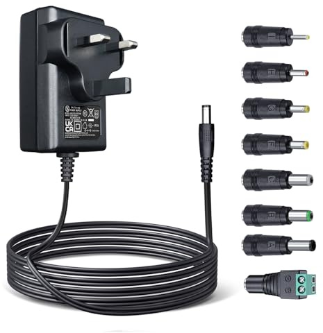 UKCA 12V 1.5A 18W Power Supply Adapter with 8 Tips 1.8M Long Cable Plug 5.5mm x 2.1mm AC DC Switching Adapter for LED Strip Lights, CCTV Camera, Makeup Mirror, Router, Monitor, Desk Lamp, and More