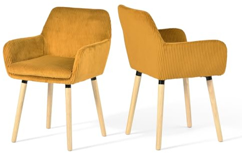 Meuble Cosy Chaises de Salle à Manger Scandinave Lot de 2, Fauteuil Rembourrée en Velours Côtelé, Pieds en Bois, pour Cuisine Salon Chambre, Jaune