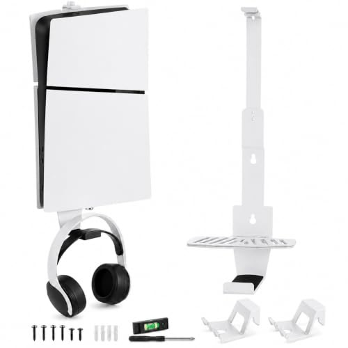 Wall Mount Kit for PS5 Slim, Pro and Original with 2 Controller Holders | Heavy-duty steel bracket with headset hook, adjustable top lock and open base for Disc and Digital editions