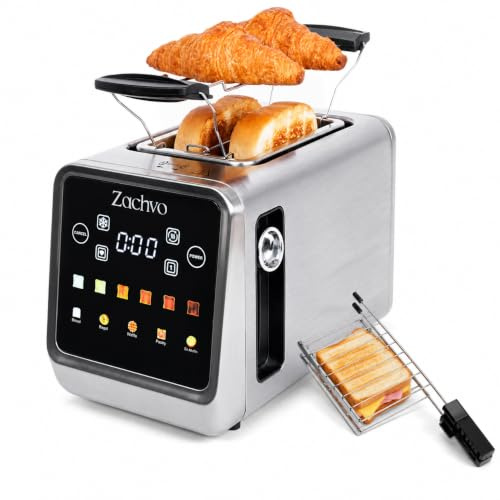 ZACHVO 2 Slice Stainless Steel Toaster with Touchscreen & Memory Function | LED Countdown, Single Slice & Bagel Modes, 5 Bread Programmes, 6 Browning Levels, Sandwich Cage & Warming Rack
