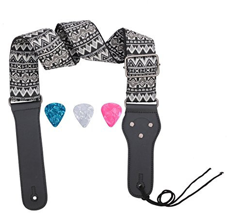 Rufun Gitarrengurt Retro Jacquard Weave Zubehör Einstellbare Länge für Basse E-Gitarre Akustische Gitarre, 3 Picks enthalten (Wellen Schwarz)