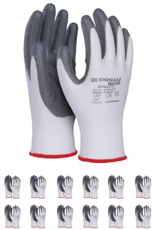 DONAU SAFETY Guanti da lavoro, guanti da montaggio, da uomo/taglia 08, 12 paia/cat. II/bianco-grigio/guanti con rivestimento in nitrile per lavori di montaggio, meccanici, giardinaggio e lavori di