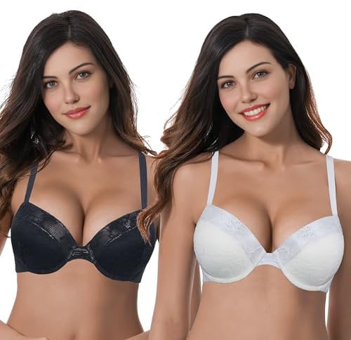Curve Muse Women's Plus Size Add 1 and a Half Cup Push Up Underwire Lace Bras -2PK-Black,Cream-48C (EU:110C)