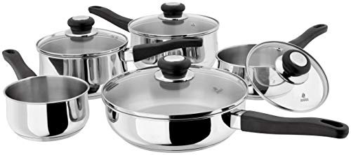 Judge Vista Stainless Steel Set of Pans, 5-Piece Set, 24cm Saute Pan, 16/18/20cm Saucepans with Lids, 14cm Milk Pan, Induction Ready - 25 Year Guarantee