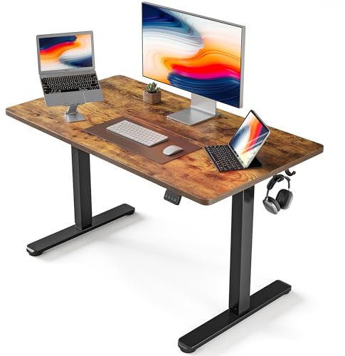 FEZIBO Schreibtisch Höhenverstellbar Elektrisch, 100 x 60 cm Computer Stehschreibtisch mit Memory-Steuerung und Anti-Kollisions Technologie, Schwarzer Rahmen/Braun Tischplatte