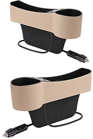 ihreesy Autositz Gap Organizer,PU Leder Autositz Fugendüse Aufbewahrungsbox Becherhalter Auto Seat Gap Organizer mit 2 USB Lade Löchern für Handys Schlüsselkarten,Beige Fahrerseite Beifahrerseite