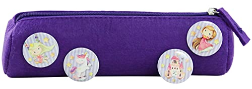 Papierdrachen Federmäppchen mit 4 Buttons für Jungen und Mädchen | Filzmäppchen in lila mit Prinzessin & Einhorn-Motiv Einschulung | Schulmäppchen Set Nr 2