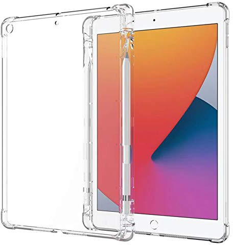 SFFINE Clear Case for iPad 10.2 7th Generation 2019 / 8th Generation 2020 with Pencil Holder, Shockproof Thin Slim Transparent Flexible TPU Gel Silicon Back Cover Protective Shell Fit iPad 10.2 Inch