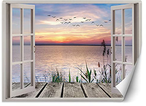 Feeby Papel Pintado Puesta De Sol Mar Agua 210x150 cm Naranja Decoración De Pared Fotomural Decorativo Murales Comedores Salones Habitaciones Vista De Ventana Ilusión 3D