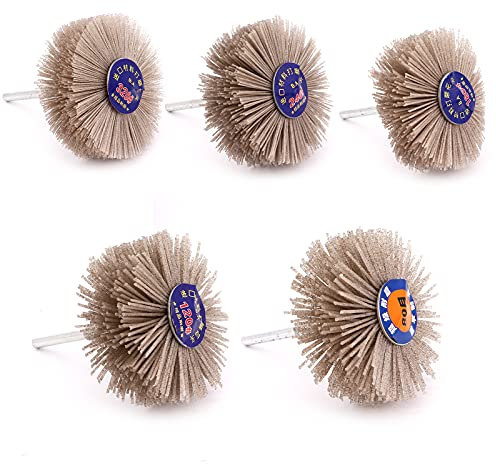 Yuhtech 5Pcs 5 Size 80Grit 120Grit 180Grit 240Grit 320Grit Nylon Wheel Brush Abrasive Grinding Head with 6mm Shank Kit, Sanding Mop Abrasive Wheel for Polishing Removing Rust and Painting