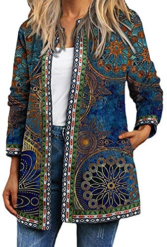 ORANDESIGNE Giacca Stile Vintage da Donna Cappotto con Stampa Floreale in Stile Etnico Autunno Giacche Cardigan a Fiori Bohémien di Taglia Larga con Tasche M Blu XXL