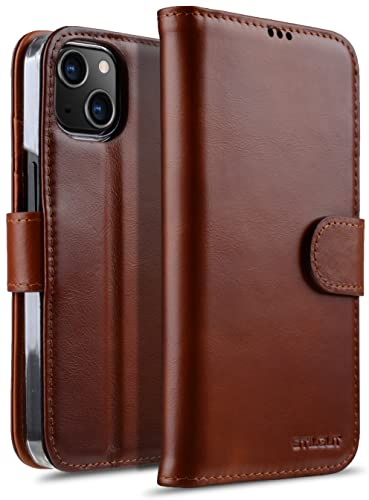 STILGUT Talis kompatibel mit iPhone 13 Mini (5.4“) Hülle mit Kartenfach aus Leder, Flip Cover, Wallet Case, Handyhülle mit Fächern, Standfunktion & Verschluss - Cognac Nappa