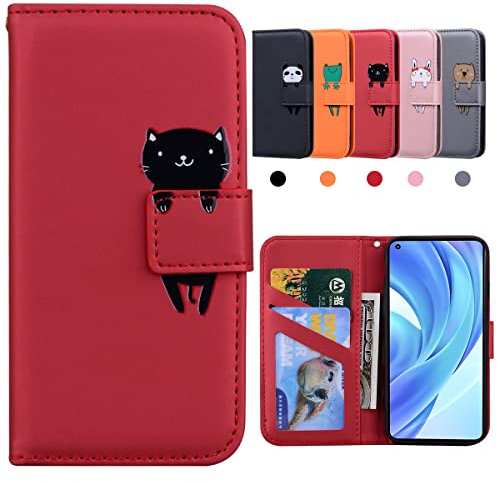 Kedic Handyhülle für Xiaomi Mi 11 Lite Hülle, für Xiaomi 11 Lite 5G NE Hülle, Klappbar Stoßfeste Schutzhülle mit [Kartenfächer] [Ständerfunktion], Karikatur Hülle für Xiaomi Mi 11 Lite 5G, Rot