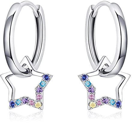 Qings Stern Creolen für Damenund Mädchen, 925 Sterling Silber Huggie Ohrringe Bunte Zirkonia Stern Ohrringe Zierliche hypoallergene kleine Dangle Sleeper Hoops für Mädchen Frauen Geburtstag