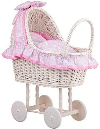 e-wicker24 Poussette pour poupée - Landau - pousette en Osier Blanc-Creme avec Roues en Bois,Cadeau pour Les Enfants (Rose)