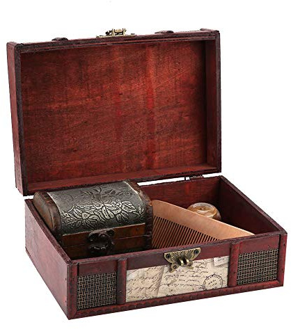 Wakects Vintage Holz Aufbewahrungsbox Kleine Größe Schmuck Organizer Buch Retro Aufbewahrungsbox Vintage Dekorative Holz Schmuckschatulle Schmuck Schatztruhe(Pad mit Schloss)