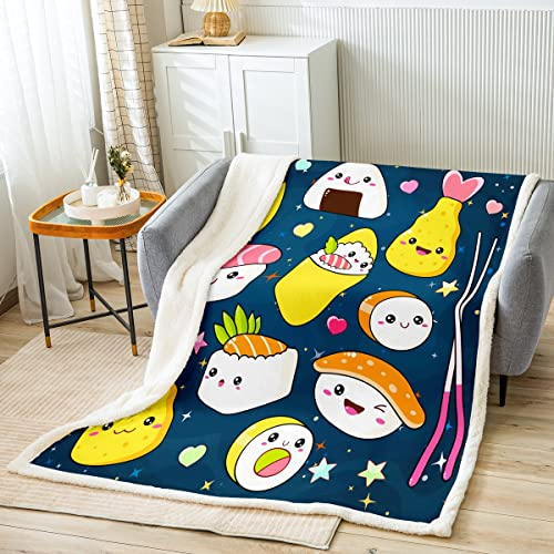 Loussiesd Karikatur Sushi Kuscheldecke im japanischen Stil Decke 100x130cm für Kinder Jungen Mädchen Sushi Muster Wohndecke Japanische Küche Flanell Fleecedecke