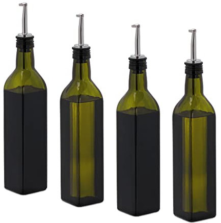 Relaxdays Set de 4 Aceiteras y Vinagreras, Botellas Cristal Vacías, 500 ml, Dispensador, Aceite Oliva y Vinagreta, Verde, Hierro