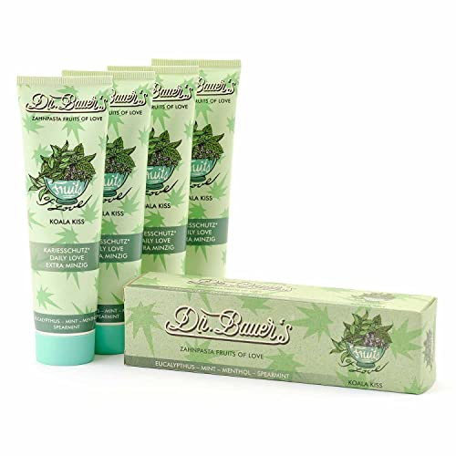 Dr. Bauer's Fruits of Love KOALA KISS Zahnpasta, Zahncreme in nachhaltige 90ml Tube und Verpackung, mit tollen Geschmacksrichtungen, 4er Pack (4x 90ml)