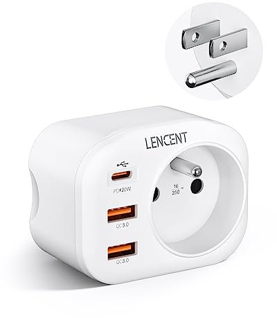 LENCENT Amélioré Adaptateur Prise USA Américaine 20W PD+ QC3,0, avec 2 Ports USB et 1 Port USB-C adapté aux États-Unis Canada Mexique Thaïlande,Adaptateur électrique Mâle USA/Femelle France, Type B