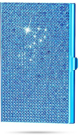 Qinsuee Bling Bling Petit porte-cartes de visite pour femme avec capacité de 10 à 20 cartes, 9,4 x 5,8 cm, porte-cartes de visite en alliage, bleu