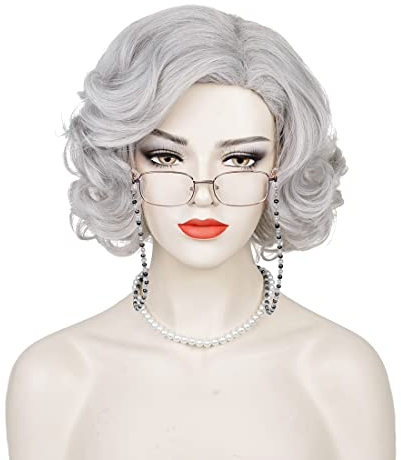 TOMIGO 12 Zoll Alte Dame Perücke mit Oma Brille, Kunstperlenkette und Brillenketten, Kurze Graue Oma Perücke für Cosplay Halloween