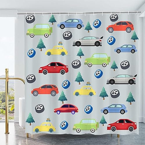 Cars Shower Curtain 180 x 200 cm, Colorful Cars Bath Curtain Waterproof Anti Mould Polyester Fabric Decorative Shower Curtains Bathroom Curtains with Hooks